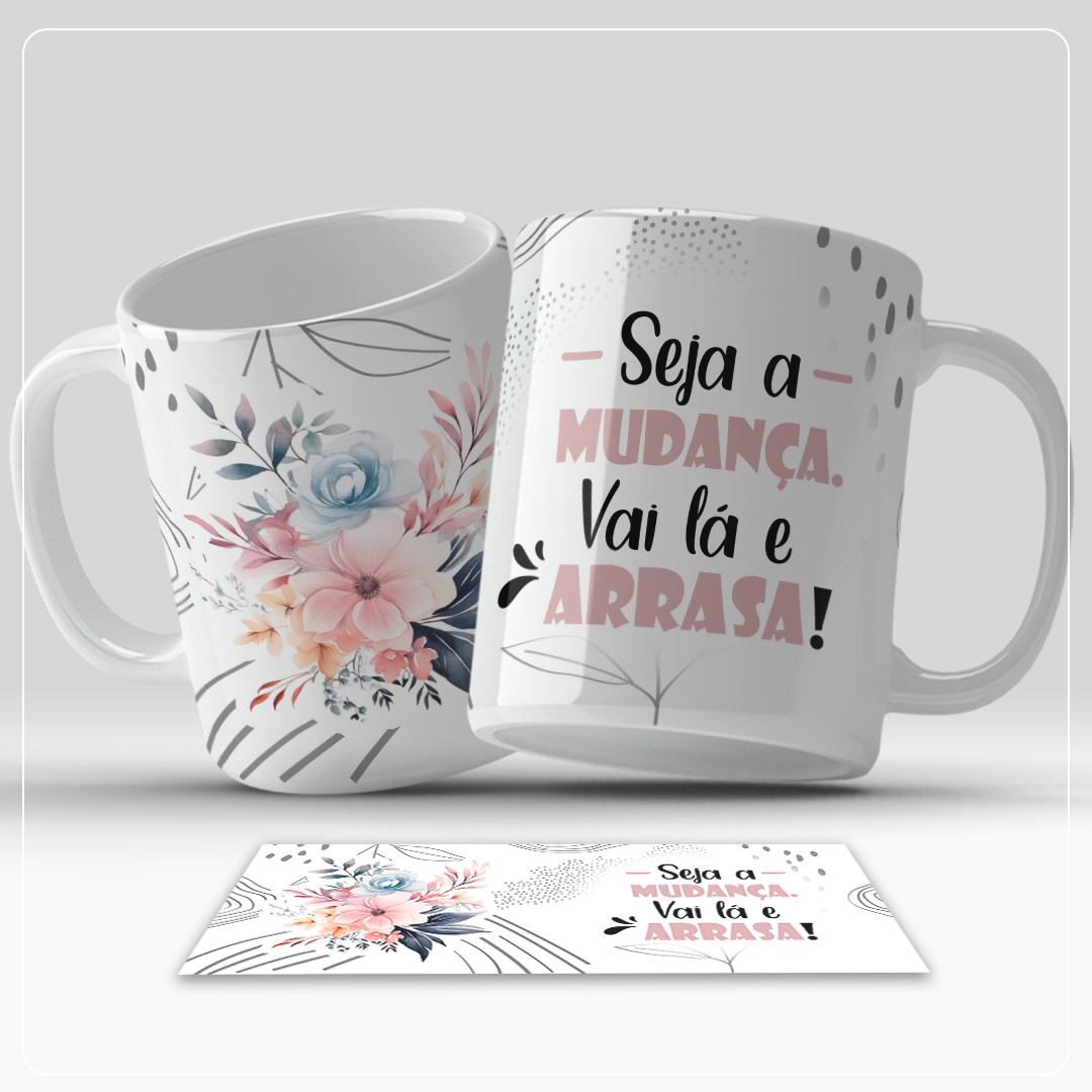 Caneca com arte floral e frase motivacional